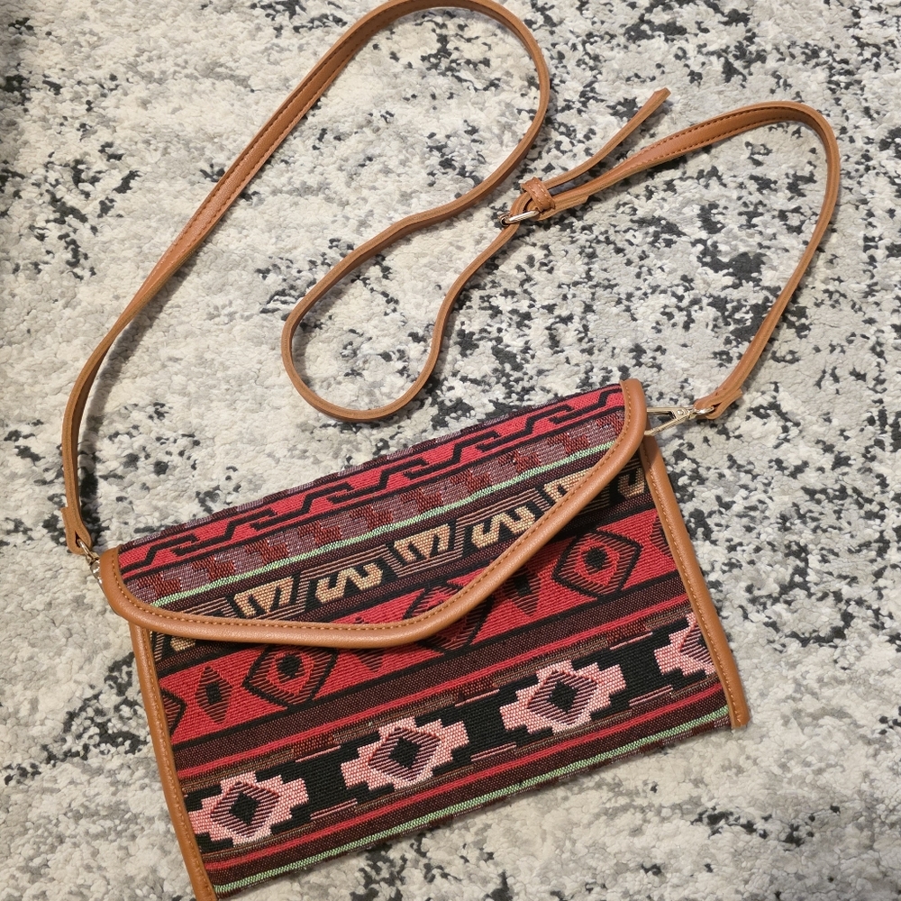 Western Aztec Woven Print Faux Leather Crossbody Bag EUC